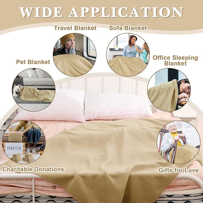 Newwiee 48 Pcs Fleece Throw Blankets Bulk Outdoor Wedding Guest Gifts Soft Lightweight Sleepover Lap Blankets Pet Home Sofa Couch Office Donation Homeless, 50 x 60 Inch (Khaki)