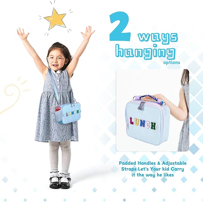 Lunch Bag Kids,Insulated Lunch Bag for Boys with Shoulder Strap,Easy Holds Lunch Box,Snacks and Water Bottle Together,Keep Foods Fresh in School or Picnic (Blue)