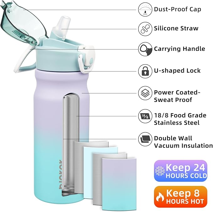 BJPKPK Water Bottle with Straw 18oz Insulated Water Bottles Reusable Stainless Steel Metal Thermal Flask with Leak Proof Lockable Lid and Carry Handle,Lavender Green