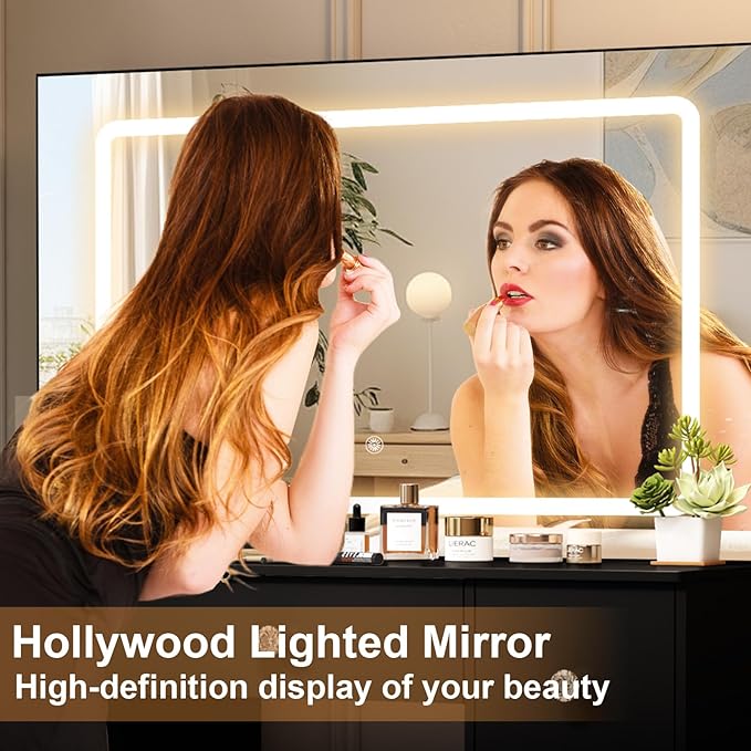 Black Vanity Desk with Large Mirror and Lights, 39.4''W Makeup Vanity with 3-Color Light Adjustable Brightness, 7 Drawers & Open Shelves, Big Vanity Desk for Bedroom, Girls & Women, 3429LED