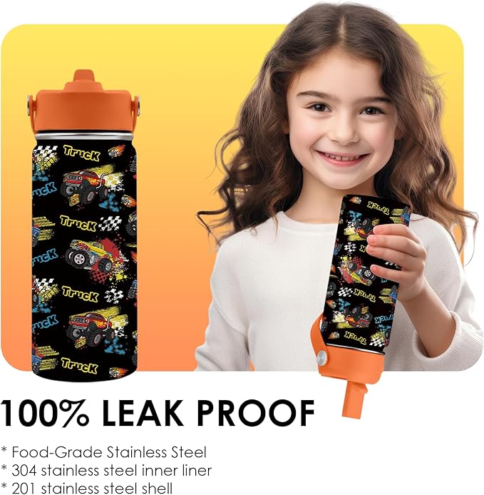 Truck Gifts for Kids - 16 Oz Kids Water Bottle with Straw Lid, Stainless Steel Insulated Tumbler, Leak Proof, BPA-Free, for Girls, School, Travel - Truck Lovers Children Birthday Gifts Cups(1pc)
