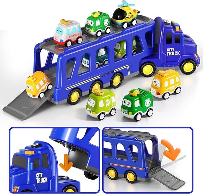 Boy Toddler Trucks Toys for Boys Kids, 16.9-in Longer Transport City Truck with 6 Cars, Car Truck Toys with Lights & Sounds, Birthday Gift for 3 4 5 Years Old Boys and Girls