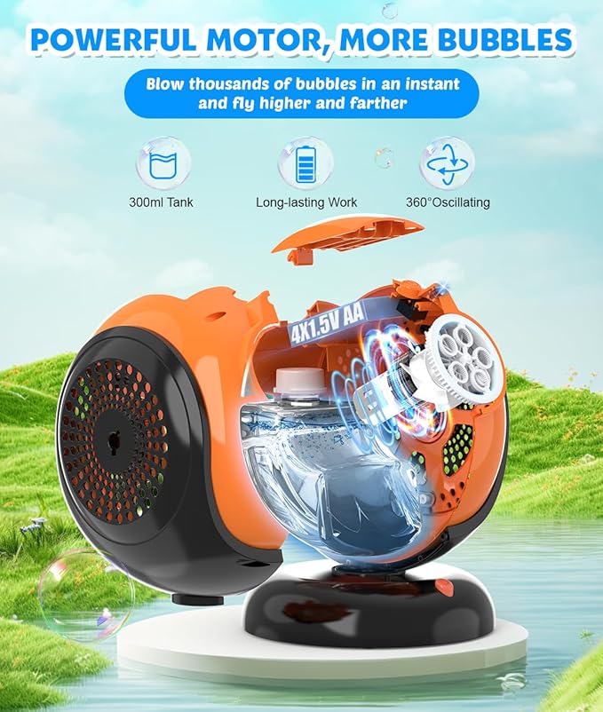 Halloween Bubble Machine, Bubbles Blower for Kids, Toddlers - 360° Rotation, 75° Adjustment, with LED Light - Bubble Toys Gifts for Boys, Girls, Outdoor, Birthday, Party