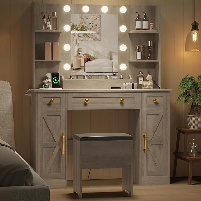 Vanity Makeup Desk with Mirror and Lights, Farmhouse Vanity Table Set with Storage Drawers, Charging Station & Chair, 43" Large Rustic Dressing Table, 3 Lighting Modes for Women Girls Bedroom, Grey