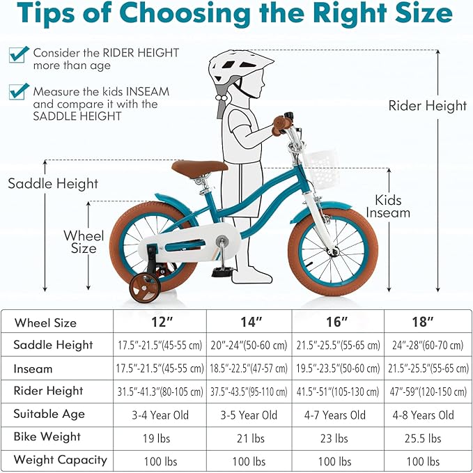 COSTWAY Kids Bike, 12 14 16 18 Inch Toddler Bike Children Bicycle w/Training Wheels, Hand & Coaster Brakes, Adjustable Saddle & Handlebar, Basket, Bell, Kids Bicycle for Girls Boys Aged 3-8 Years Old