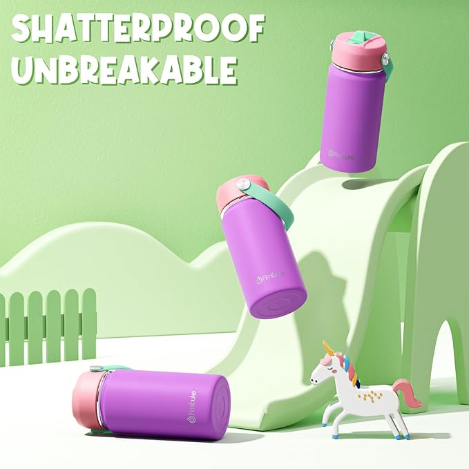 Fimibuke Kids Insulated Water Bottle, 14oz BPA FREE 18/8 Stainless Steel Travel Tumbler Double Wall Vacuum Leak Proof Kids Cup with Straw Metal Water Bottle for School Boys Girls(1 Pack, Amethyst)