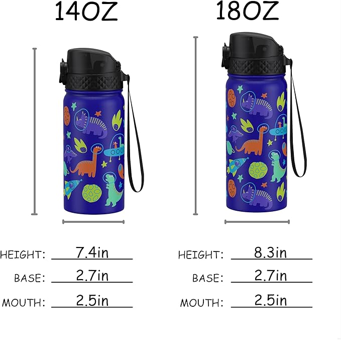 GOPPUS Kids Water Bottle (Straw Lid) - 14 Oz Stainless Steel Travel Bottle, Double Wall Vacuum Leak Proof Kids Cup for School Boys Girls,Blue engineering car