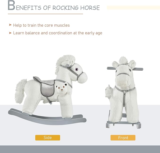 Qaba Kids Plush Ride-On Rocking Horse with Bear Toy, Children Chair with Soft Plush Toy & Fun Realistic Sounds, White