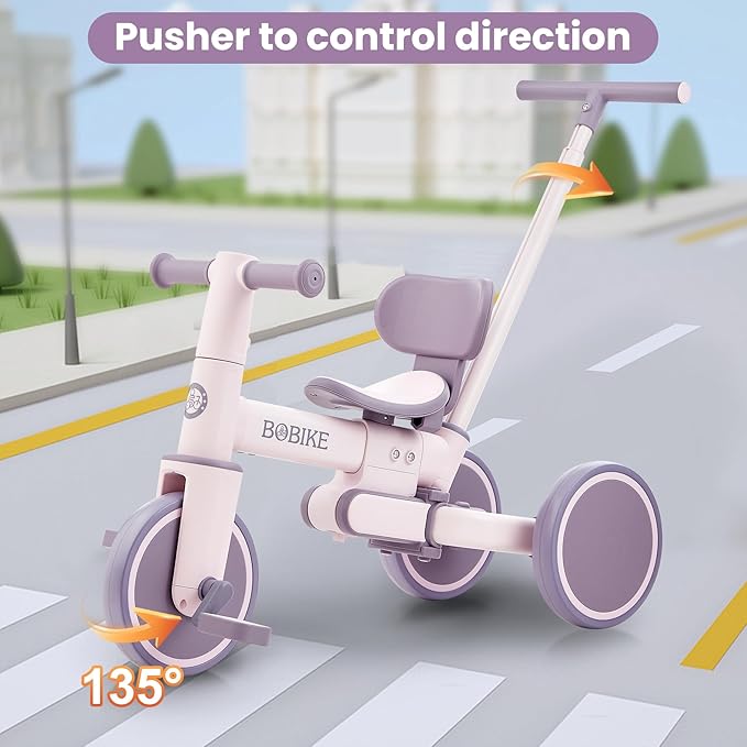 5-in-1 Tricycle for Toddlers 18 Months to 5 Years Old, Toddler Bike, Kids Tricycle with Push Handle and Backrest, Toddler Balance Bike with Easy Assembly for Boys and Girls. (Purple)