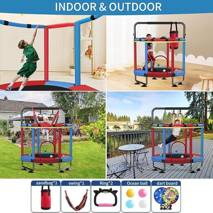 Trampoline for Kids, Upgrade Full Anti-Rust 440lbs Indoor Outdoor Toddler Trampoline with Net, 55" Adjustable Baby Toddler Trampolines Accessories with 8 Toys Dart Board