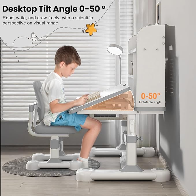 Kids Desk and Chair Set, Height Adjustable Study Table with Bookshelf & Storage Drawer, 0-50° Tiltable Desktop, Ergonomic Study Desk for Boys and Girls Ages 3-12 (Grey)