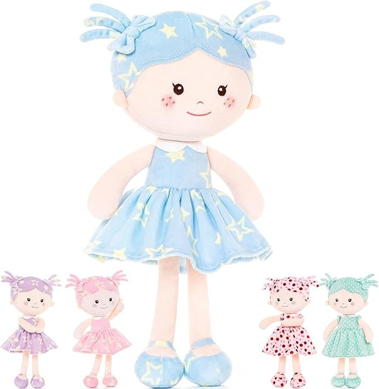 Onetoo First Baby Doll Plush Rag Doll Baby Girls Dolls Soft Baby Doll for Girls Wear Star Blue Sleeveless Dress 14"