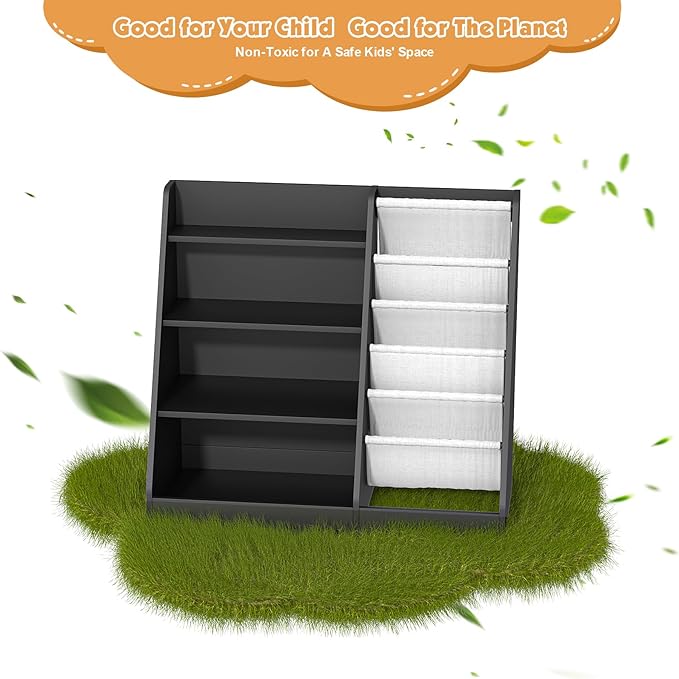 4 Tier Kids Bookshelf Wooden, Five Layer Sling Children Bookcase, Baby Toddler Storage Book Rack, Book and Toy Organizer Cabinet Chest, Book Display Shelf Stand, Playroom Nursery Classroom Library