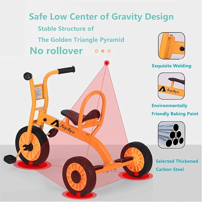 Kids Tricycle for Preschool Ages 3+, Ideal Outdoor Playground & Daycare Yard Trikes, Durable Metal Pedal Trike Gift for Boys and Girls, Sturdy Carbon Steel Frame, Inflation-Free Rubber Wheels