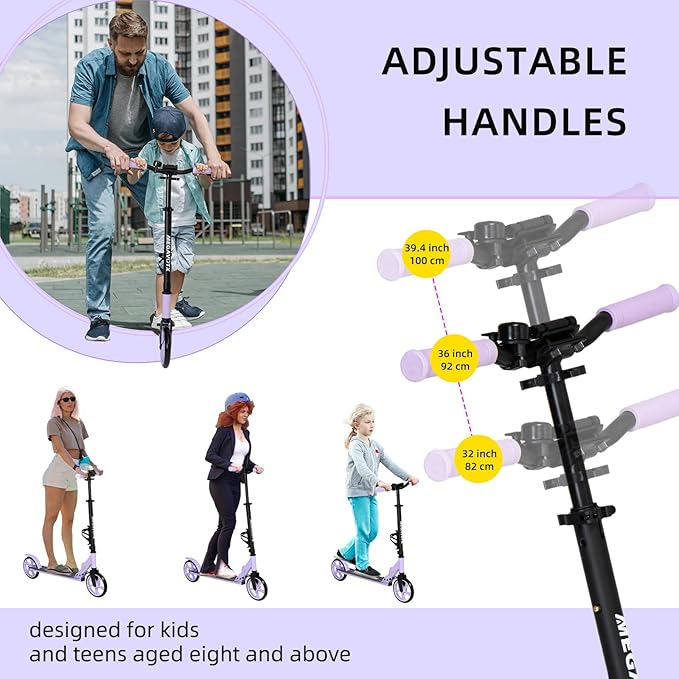 Foldable Kids Scooter with 8 inch Sturdy Wheels - Scooters for Kids, Teens, Adults Ages 8+, Adjustable Handlebar, Gift for Boys&Girls, 220lbs Max Load, Bearing ABEC7,Cup Holder