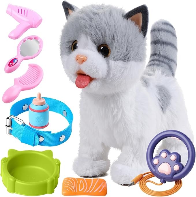 OR OR TU Walking Toy Cat with Remote Control Leash, Plush Cat Electronic Interactive Toys for Kids, Shake Tail, Licking, Pretend Dress Up Realistic Stuffed Animal Cat Age 3 4 5 6+ Years Old Best Gift