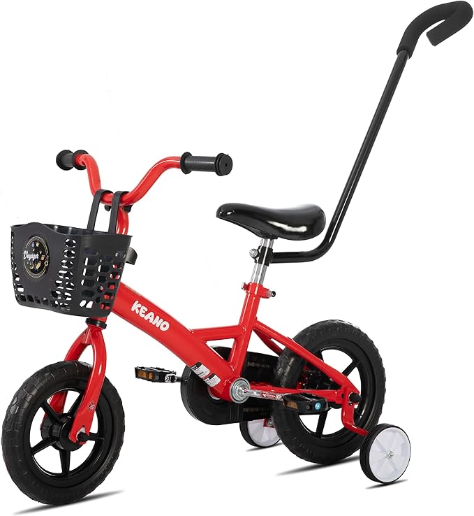 KEANO Voyager 10 12 Inch Kids Bike for Boys and Girls Ages 1-4 Years, Toddler Bike with Training Wheels & Basket, Detachable Parent Push Handle, Children Bicycle