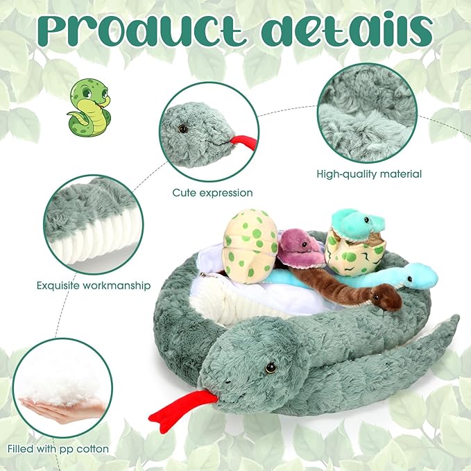 Leitee Giant Snake Stuffed Animal 63 Inch Large Mommy with 4 Babies & 2 Eggs Realistic Stuffed Snake Plush Toys for Kids Christmas Halloween Party Favors Prank Props Gifts(Vivid Style)