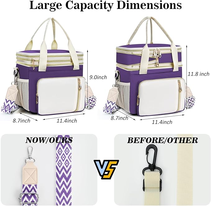 LOKASS Lunch Box for Women-16L-Insulated Lunch Bag Women, Expandable Double-layer Leakproof Cooler Bag with Upgrade Adjustable Shoulder Strap Ideal for Work/Picnics（Purple）