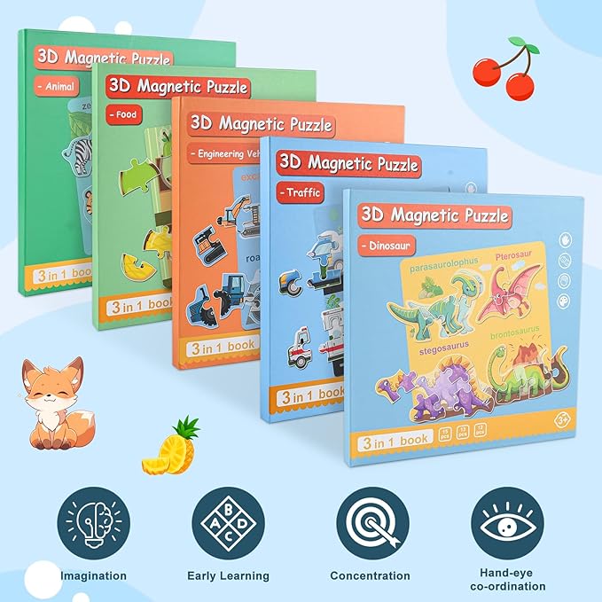 ASTARON 3D Magnetic Puzzle with 80 Puffy Stickers for Toddlers, 42 Pieces 3-in-1 Food Puzzles Preschool Education Learning Travel Toys Car Plane Activities for Kids Road Trip Birthday Gifts