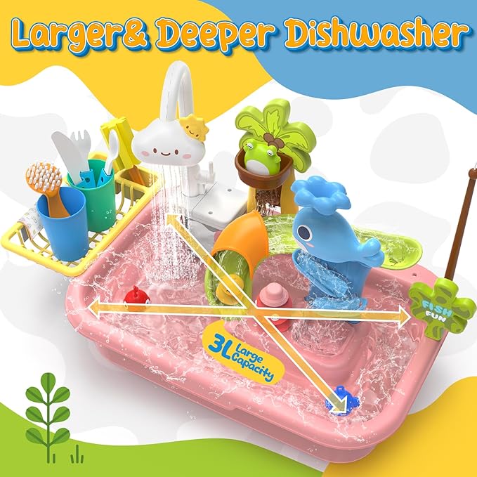 Play Sink with Running Water, 4-in-1 Kids Kitchen Sink Toys with Electric Faucet, Water Table Floating Pool Toy w/Fishing Game, Duck Slide, Pretend Play Dishwasher Set for Toddler Boys Girls (Pink)