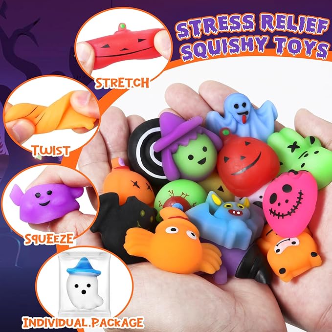 OCHIDO 200 PCS Squishy Toys, Halloween Party Favors Bulk for Kids, Halloween Mochi Squishy Toys, Halloween Toys for Trick or Treat, School Classroom Rewards Prizes