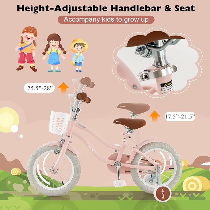 BABY JOY Kids Bike, 12 14 16 18 20 Inch Boys Girls Bike w/Adjustable Seat, Removable Basket, Handbrake & Coaster Brake, Training Wheels or Kickstand, Kids Bicycle with Multi-Color