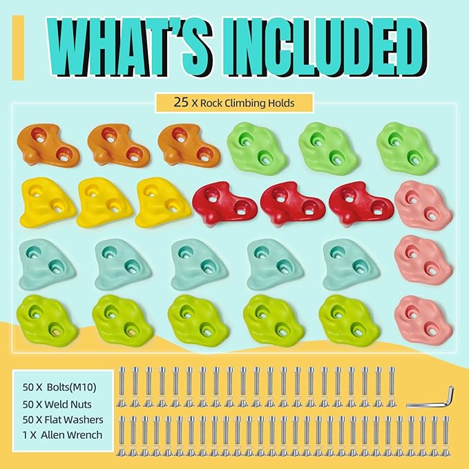 25 PCS Rock Climbing Holds for Kids, Extra Large Climbing Rock Wall Grips, Adult Rock Wall Holds Rock Wall Climbing Kit with Hardware for Indoor and Outdoor Climbing Wall Holds（Pastel Color）