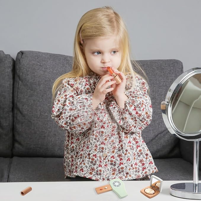 Wooden Kids Makeup Toy Set, Girls Pretend Cosmetic Bag Toys, Play House Beauty Salon Game, Birthday Gift for 3-9 Years Old Christmas 19pcs