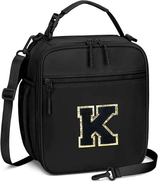 Initial Insulated Lunch Bag for Boys Kids, Back to School Gift, Reusable Leak-proof Lunch Box with Adjustable Strap for School Daycare Travel Picnic（Black，K）