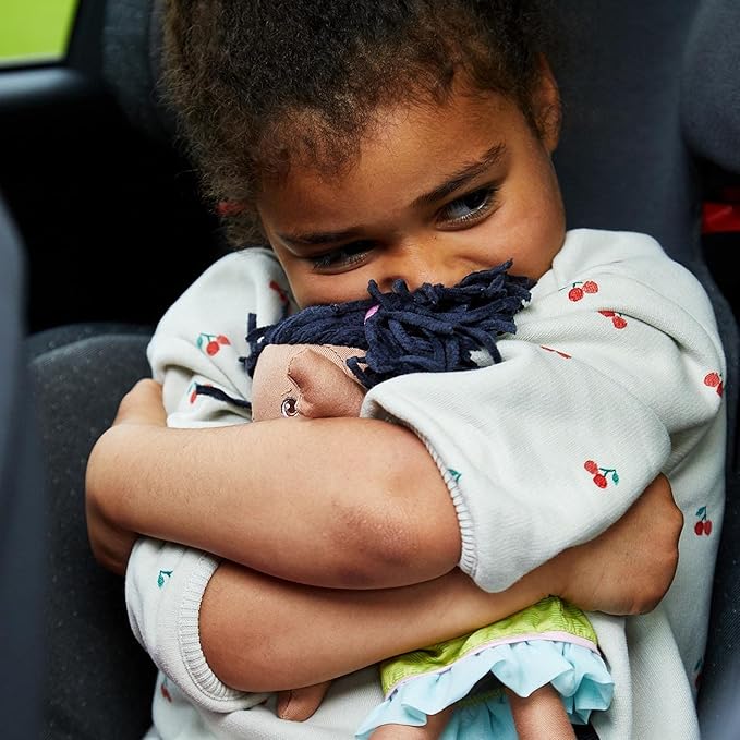 HABA Cari 12" Black Baby Doll with Black Pigtails, Embroidered Face, Removable Green Dress, Machine Washable Soft Baby Doll - 18 Months+