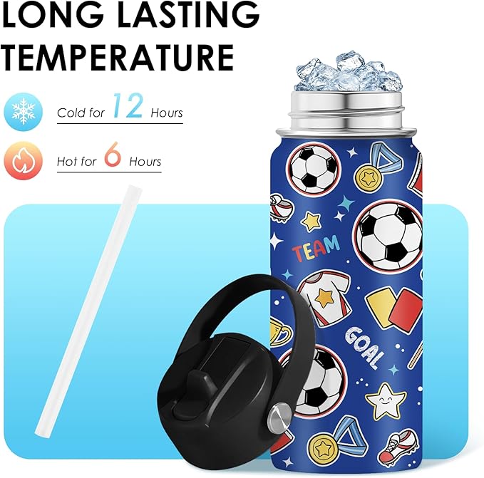 Soccer Gifts for Kids - 16 Oz Kids Water Bottle with Straw Lid, Stainless Steel Insulated Tumbler, Leak Proof, BPA-Free, for Girls, School, Travel - Soccer Lovers Children Birthday Gifts Cups(1pc)