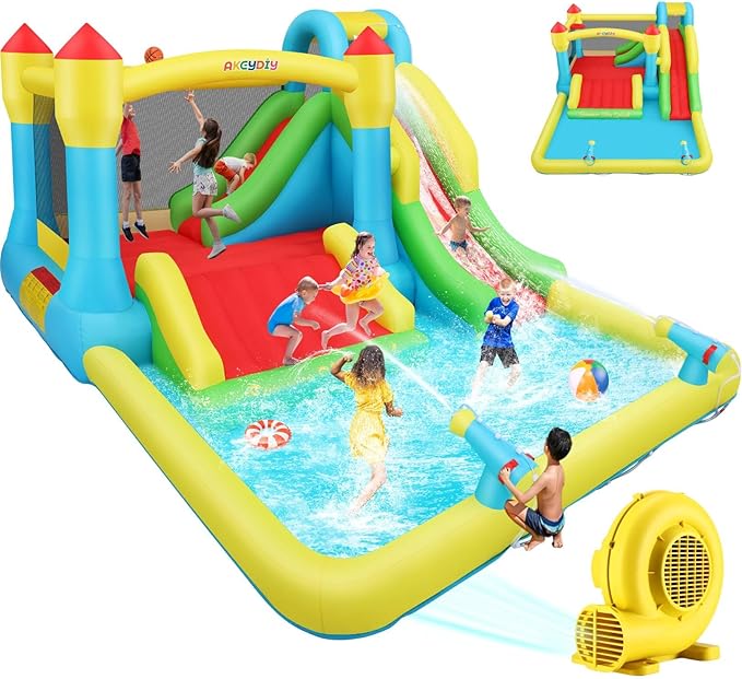 AKEYDIY Bounce House Water Slide, Inflatable Water Slide Park with with Long Slide, Pool, Climbing Wall, Water Gun for Outdoor, Blow up Water Slides Bounce House Castle for Kids Backyard Party Gifts