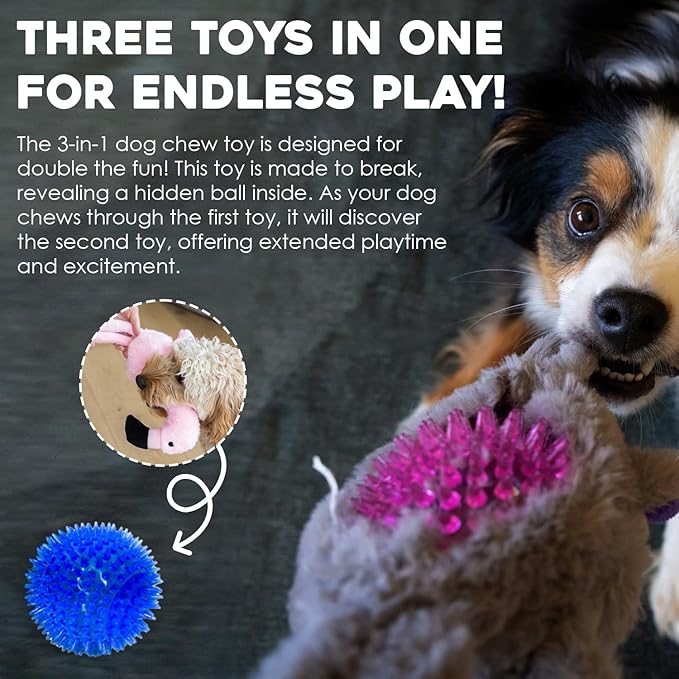 Flourish Pets 3 in 1 Multi-Layer Chew Toy for Active Dogs | Non-Toxic BPA Free Double Stitched Soft Fabric Exterior Dog Toys | Long-Lasting Dog Plush Toys –Small Flamingo 13.5"