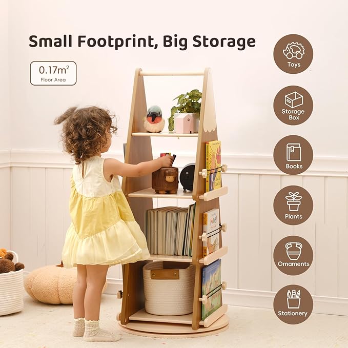 OOOK Solid Wood Rotating Bookshelf Tower 4 Tier, 360°Display Floor Standing Spinning Bookshelf Tower, Small Corner Bookcase for Small Spaces, Kids Tree Book Shelf for Kids Rooms, Classroom, Nursery