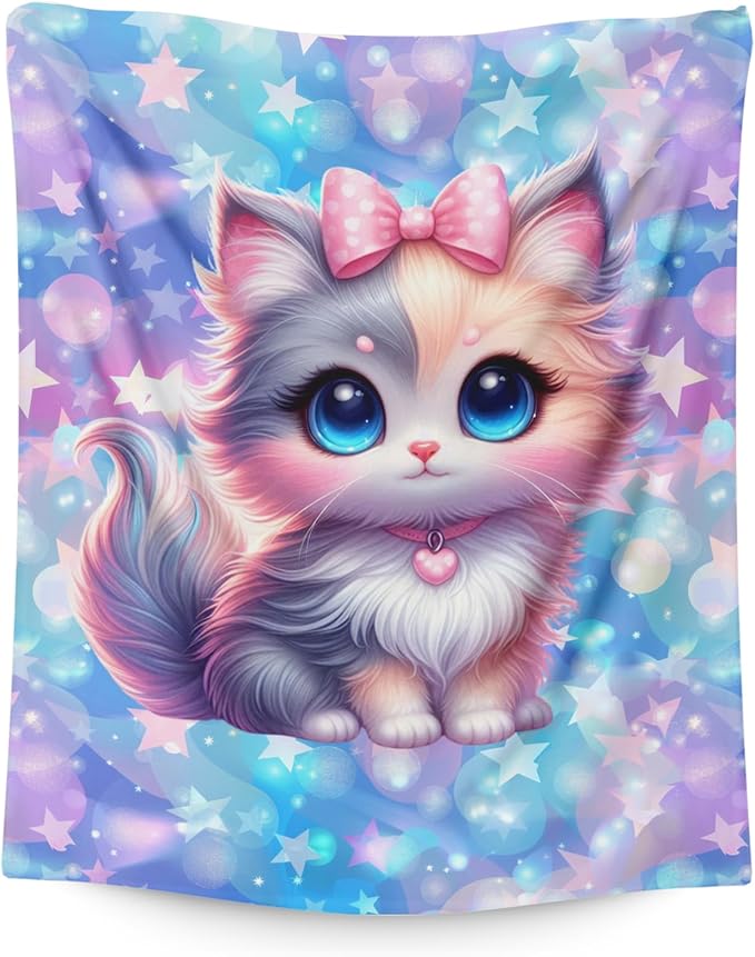 Cat Blanket for Kids Cute Girls Blankets for Gift, Glitter Cozy Soft 80 x 60 Inches Flannel Throws for Bed Travel Sofa Living Room Bedroom Garden Decor