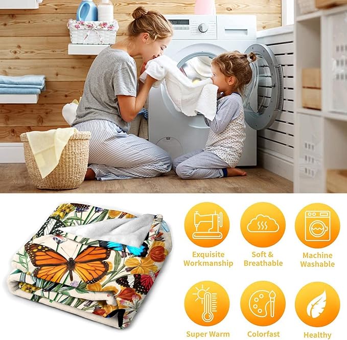 Butterfly Blanket Beautiful Throw Blanket Ultra Soft Flannel Vintage Botanical Butterflies Blanket Gifts for Kids Adults 80"X60"