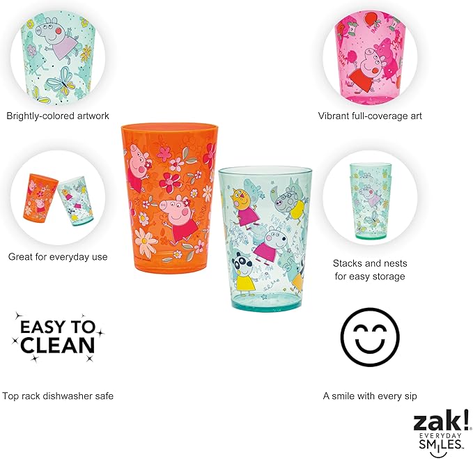 Zak Designs Peppa Pig Nesting Tumbler Set for At Home, 14.5oz Non-BPA Plastic Cups, 4-Pack (Peppa Pig and Friends)