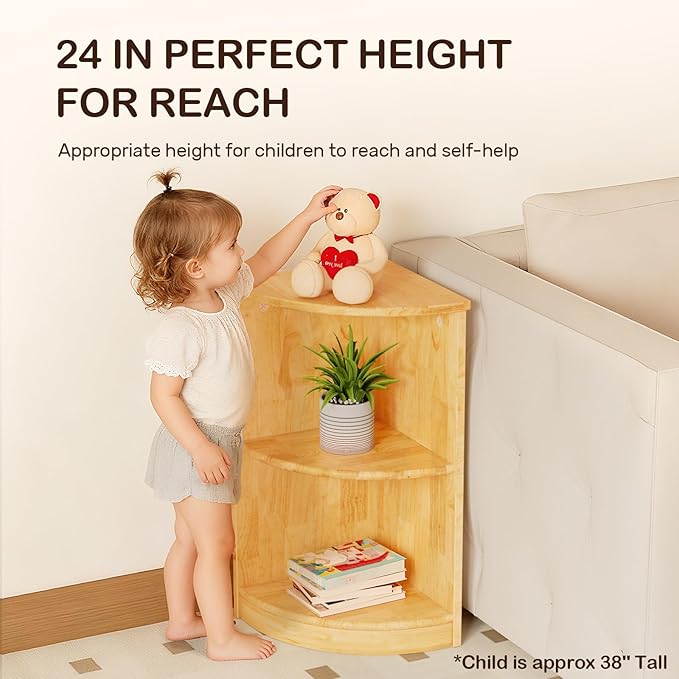 wingyz Rubber Wood Corner Cabinet, 2-Tier Montessori Shelf, 2 Shelf Bookcase Toy Storage Organizer, Montessori Bookshelf for Kids Rooms, Classroom, Playroom, Nursery, Daycare, Child-Safe