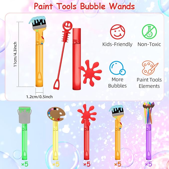 AFZMON 25 Art Painting Party Favors Bubble Wands for Kids, Sip and Paint Brushes Mini Bubbles Wand Toys, Welcome Back to School Theme Party Supplies Goodie Gift Bag Stuffers Pinata Classroom Prizes