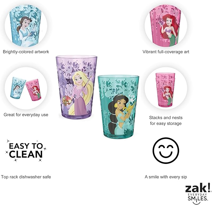 Zak Designs 14.5oz Disney Princess Nesting Tumbler Set Includes Durable Plastic Cups, Fun Drinkware is Perfect for Kids, 4pk (14.5oz, Belle & Jasmine & Ariel), PYRP-0731