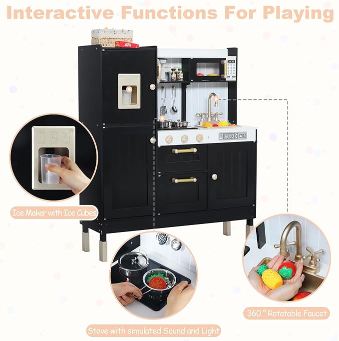 Play Kitchen for Kids, Wooden Kids Kitchen Playset with Realistic Sounds, Children Pretend Toy Kitchen Playset w/Stove, Oven & Ice Maker, Little Chef Play Kitchen for Girls and Boys, Black