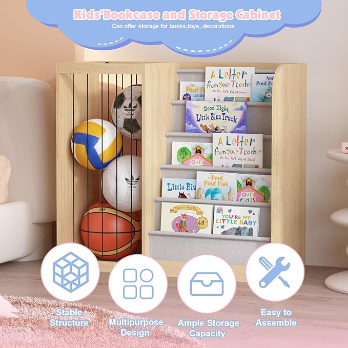Natural Wood Kids Bookshelf & Stuffed Animal Net Holder Plush Toy Storage Organizer Child Bookcase Toddler Baby Sling Book Rack for Playroom Bedroom Nursery Infant Boys Girls Preschool