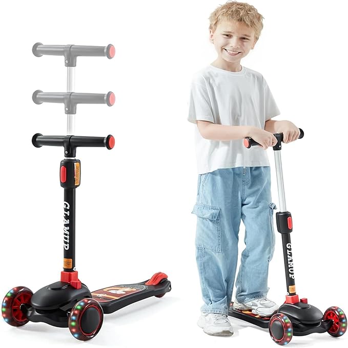GLAMUP Kids Kick Scooter 3 Wheels, Kids Scooter Height Adjustable Handlebar, Lean-to-Steer System & Easy-Folding Mechanism, Ages 3-14 Boys and Girls