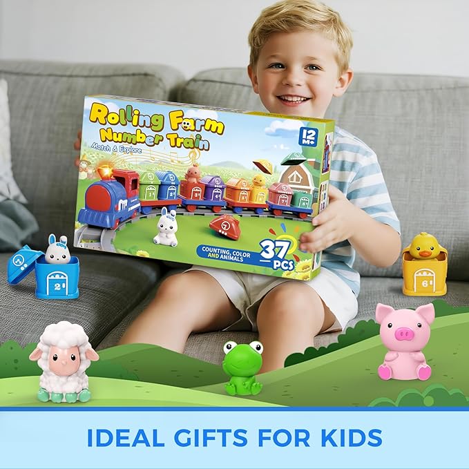 Train Set for Toddlers & Kids Boy -Montessori Counting Matching & Sorting Activity Train Set Learning Toys with Farm Animals, Finger Puppets, Tracks Music, Preschool Toy Birthday Gift for Boy Girl