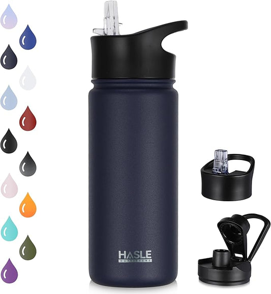HASLE OUTFITTERS Insulated Water Bottle Kids 16 oz Double Wall Vacuum Stainless Steel Water Bottle Leak Proof for School Wide Mouth with Straw Lid & Spout Lid Keeps Cold and Hot(Navy,1pack)