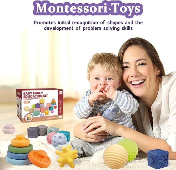Montessori Toys for Babies,Soft Stacking Building Blocks Rings Balls Sets,3 in 1 Baby Toy Bundle,Sensory Toy for Kids, Soft Teething Toys for Babies,Baby Gifts for Boy Girl