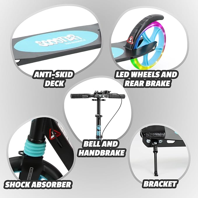 Scooter for Kids Ages 8+ Teens & Adults, Lightweight Kick Scooter with Carry Strap Adjustable Height Equipped with Front handbrake and Rear Brake, Big Sturdy PU Flash Wheels