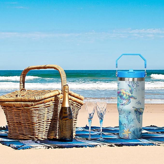 30 Oz Sea Turtle Tumbler with Handle Lid and Flip Straw,Double Wall Vacuum Stainless Steel Watercolor Ocean Turtle Cup,Water Bottle,Travel Coffee Mug,Hawaiian Sea Turtle Decor,Accessories