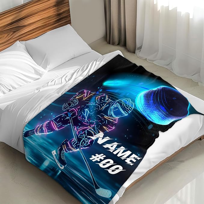 Personalized Ice Hockey Blanket, Hockey Gifts, Sports Blanket, Cool 80 x 60 Inches Throw Blanket Gift for Boys, Men, Ice Hockey Lovers, Soft Warm Fuzzy Throw Blanket for Bed, Living Room, Home Decor
